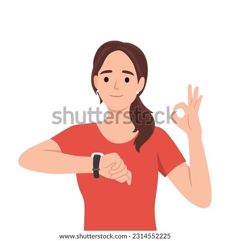 Smiling woman look at wristwatch check time. Happy girl use classic analogue watch on wrist. Time management and deadline. Flat vector illustration isolated on white background