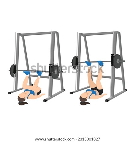 Woman doing smith machine leg press exercise or reverse squat. Flat vector illustration isolated on white background 