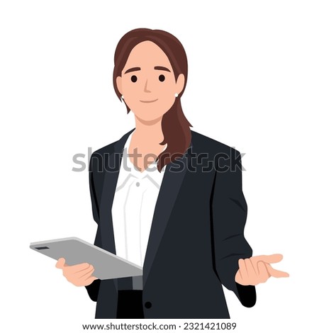 Illustration of young woman company worker smiling and holding digital tablet standing. Flat vector illustration isolated on white background