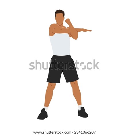 Man doing Standing cross body arm. Shoulder stretch exercise. Flat vector illustration isolated 