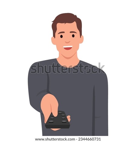 Man holds television remote control switches cable TV channels and smile, choosing interesting show for evening viewing. Happy guy pointing remote at screen wanting to turn off TV. Flat vector illustr