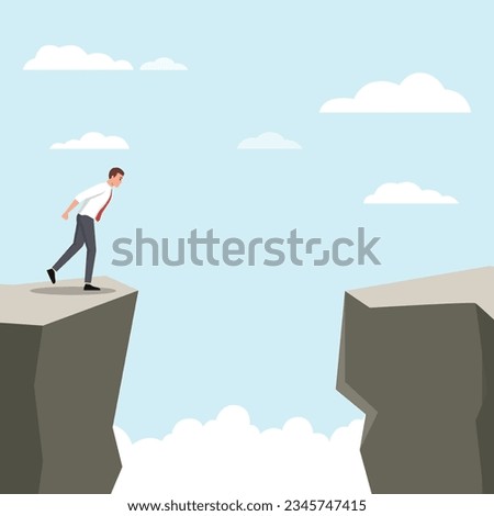 Confused businessman stand in front of cliff make risky business decision or choice. Frustrated man employee consider dangerous work plan, feel trouble and scared. Dilemma.