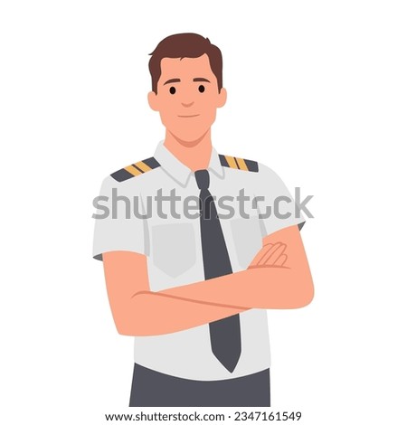 Pilot character and set of elements for his work crossed his hand. Flat vector illustration isolated on white background