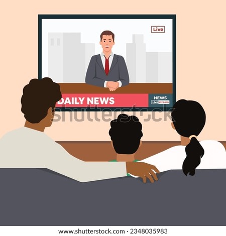 Breaking news concept. Back view of family couple and children sitting on sofa in living room, watching TV news with host interviewing guest. Flat vector illustration isolated on white background