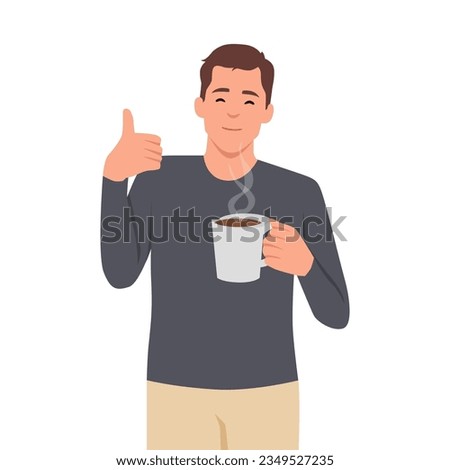 Happy cheerful man with cup of tea gesturing like. Flat vector illustration isolated on white background