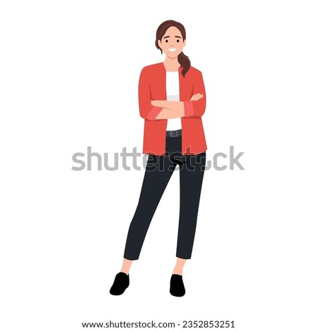 Young positive gorgeous woman standing crossed arms. Flat vector illustration isolated on white background