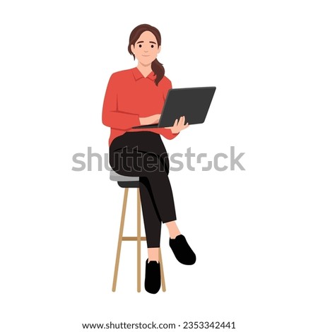 Young woman happy smiling. While her using laptop sitting on chair. Flat vector illustration isolated on white background