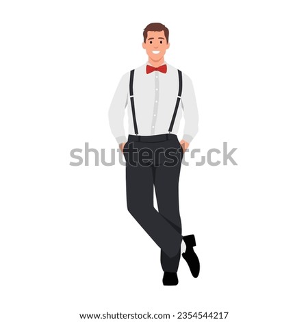 Handsome man wearing trousers with suspenders, shirt, bow tie. Elegant outfit. Hands inside pocket. Flat vector illustration isolated on white background