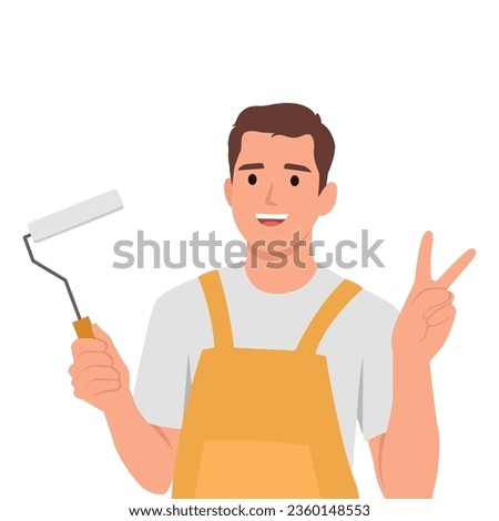 Man professional wall painter, he is dressed in working clothes and giving peace sign. Flat vector illustration isolated on white background