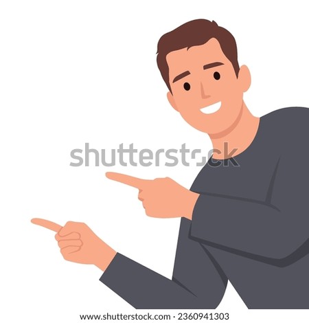 Handsome man showing and pointing fingers at wall and upper left corner with happy expression advices use this copy space. Flat vector illustration isolated on white background