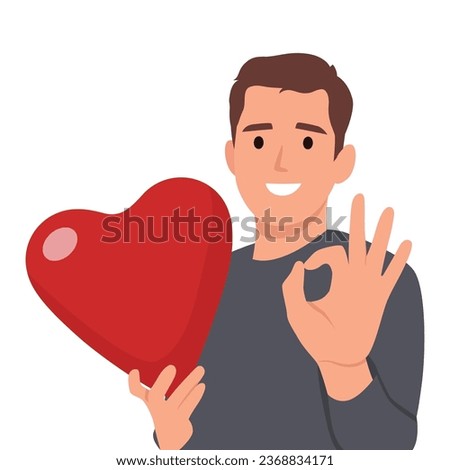 Young man holding big love red heart with ok sign. Valentine day concept. Flat vector illustration isolated on white background