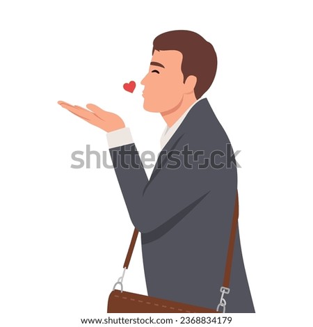 Young businessman sending a flying true love kiss, showing care, fondness and affection, a sincere Saint Valentine's message. Flat vector illustration isolated on white background
