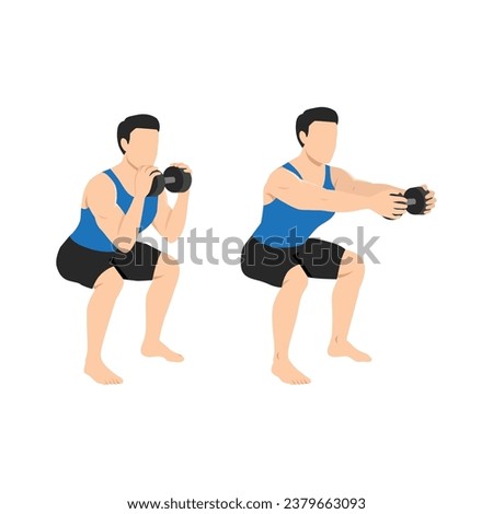 Man doing dumbbell chest press squat exercise. Flat vector illustration isolated on white background