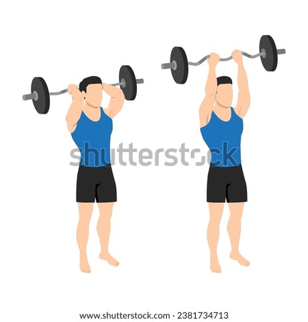 Man doing barbell reverse grip tricep extension exercise. Flat vector illustration isolated on white background