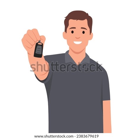 Happy man showing off car keys after getting loan or leasing to buy new car. Guy selling automobile dealership with smile recommends purchasing new auto model in good configuration at bargain price.