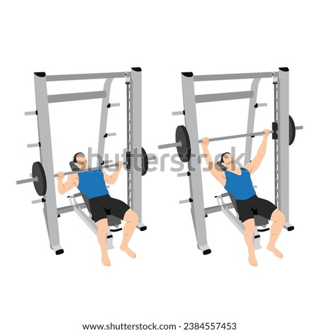 Man doing smith machine incline bench press exercise. Flat vector illustration isolated on white background