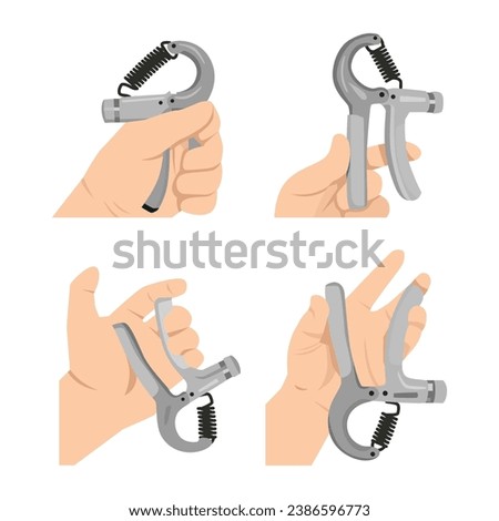 Man doing hand grip with grip strengthener exercise set. Flat vector illustration isolated on white background