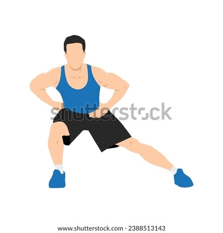 Man doing standing adductor or adduction stretch exercise. Flat vector illustration isolated on white background