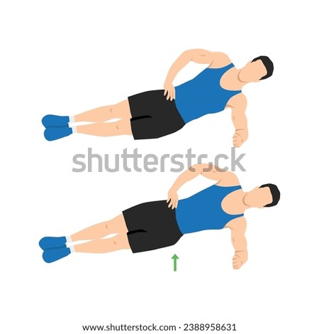 Man doing side plank hip raises exercise. Flat vector illustration isolated on white background