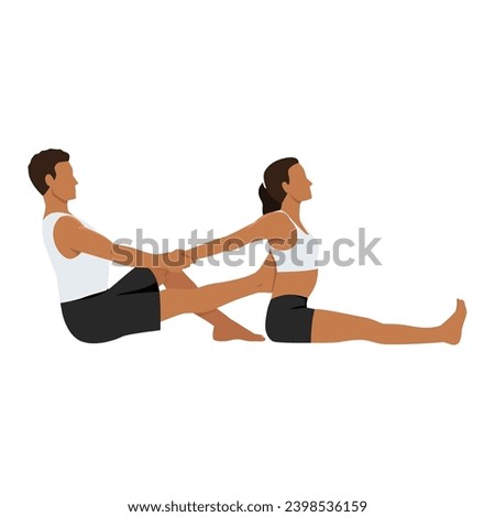 Young man helping his female partner to stretch for seated forward bend pose, paschimottanasana. Flat vector illustration isolated on white background