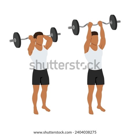 Man doing barbell reverse grip tricep extension exercise. Flat vector illustration isolated on white background