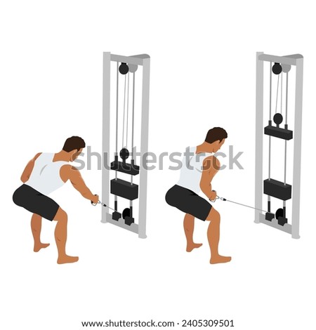 Man doing bent over one arm cable pull exercise. Cable One Arm Bent over Row. Flat vector illustration isolated on white background