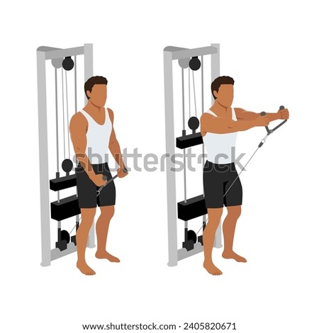 Man doing Cable rope front raise exercise. Flat vector illustration isolated on white background