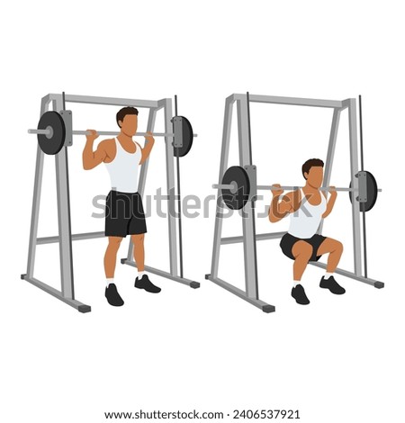 Man doing smith machine barbell squat exercise. Flat vector illustration isolated on white background