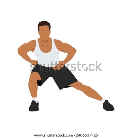 Man doing standing adductor or adduction stretch exercise. Flat vector illustration isolated on white background