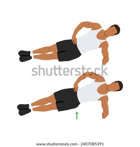 Man doing side plank hip raises exercise. Flat vector illustration isolated on white background