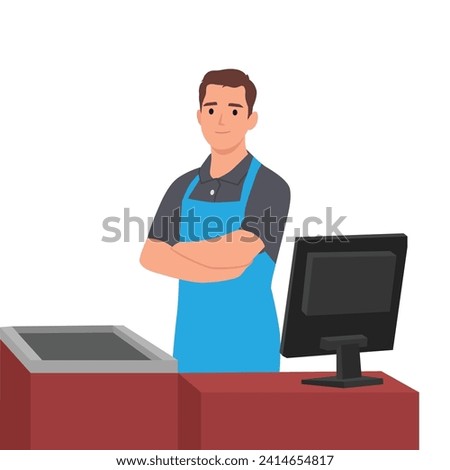 Supermarket store counter desk equipment and cashier clerk in uniform folded his hands. Flat vector illustration isolated on white background