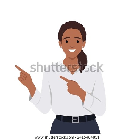 Woman hand pointing finger at left up corner with happy expression and advices use this copy space wisely. Flat vector illustration isolated on white background