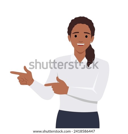 Woman hand pointing finger at left up corner with happy expression and advices use this copy space wisely. Flat vector illustration isolated on white background