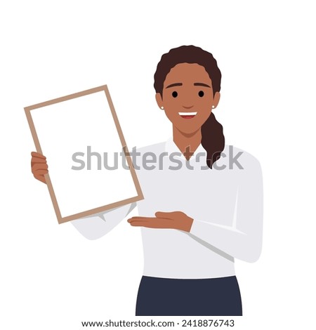 Happy beautiful young woman holding or showing a blank clipboard and showing hand to copy space. Flat vector illustration isolated on white background