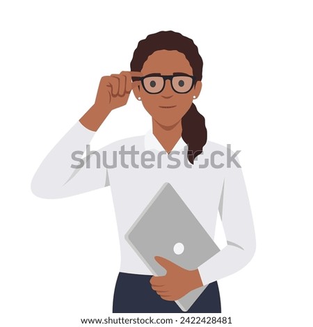 Portrait of a girl in glasses wearing casual outfit, holding a laptop, flat illustration of studying at home during lock down. Flat vector illustration isolated on white background