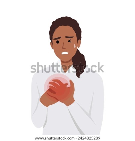 Woman feel chest pain. Heart attack or symptoms of heart disease. Idea of health danger and sickness. Flat vector illustration isolated on white background