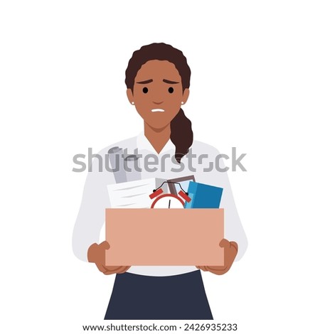 Distressed woman in glasses hold box with personal belongings fired from office. Unhappy female employee dismissed from company. Firing and dismissal. Flat vector