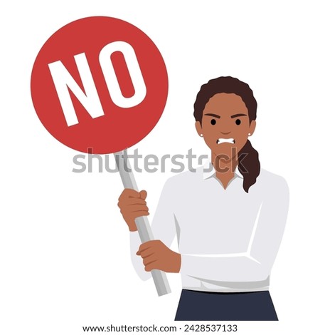 A woman frowning while holding a board with no written on it. Flat vector illustration isolated on white background