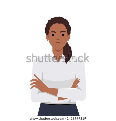 Angry young woman crossed her arms. The girl is standing in a green sweater with her arms crossed over her chest. Flat vector illustration isolated on white background