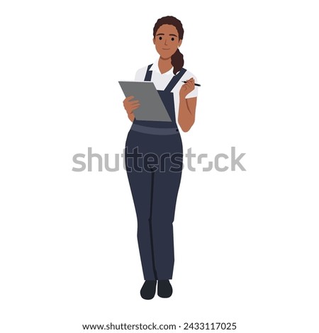 Woman plumber holding pen and clipboard standing and writing solutions. Flat vector illustration isolated on white background