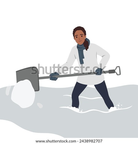 Woman with shovel cleaning and digging out car covered with snow and stuck in it after blizzard. Woman shoveling near auto in snowy storm in winter. Flat vector