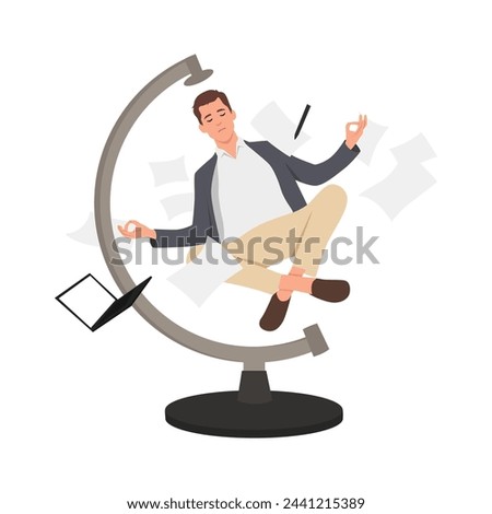 Young businessman executive in nice suit meditating and levitating. Flat vector illustration isolated on white background