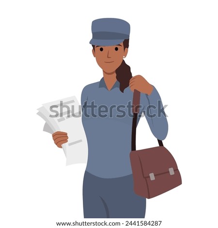 Woman postman delivers newspapers and fresh press with news or letters for residents of city. Flat vector illustration isolated on white background