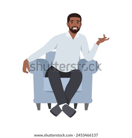 Young man sitting on the couch talking to someone making hand gestures. Flat vector illustration isolated on white background