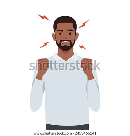 Young man angry and raised fist and shout or screaming expression. Man expresses negative emotions and feelings. Flat vector illustration isolated on white background