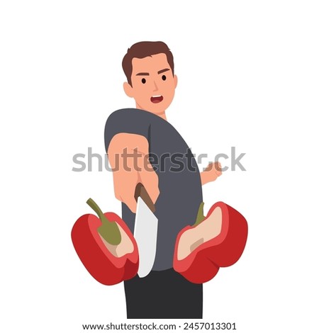 Midsection of man cutting bell peppers with knife and style. Flat vector illustration isolated on white background