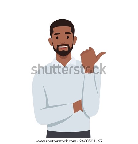 Businessman showing and pointing fingers upper left and right corner. Flat vector illustration isolated on white background