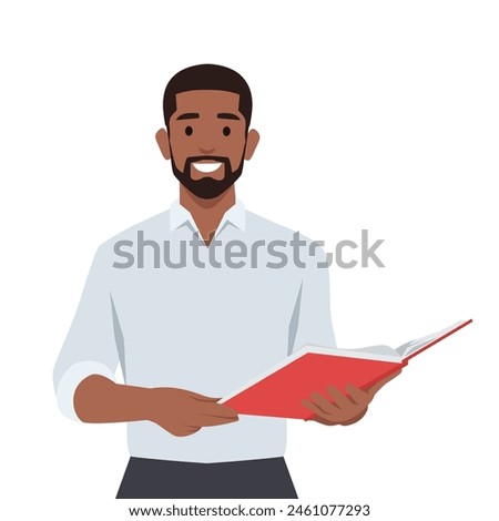 Man is holding a book in his hand. Teaching class or reading for exam. Flat vector illustration isolated on white background