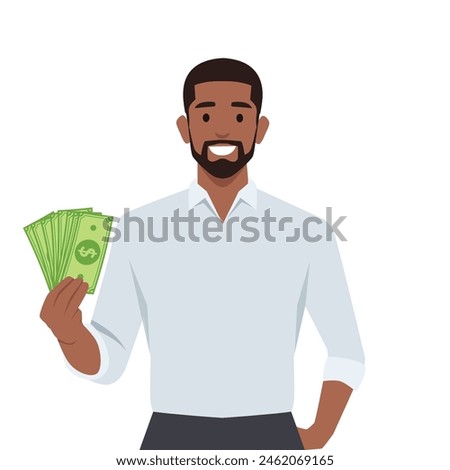 Business man in suit standing holding fan of dollar cash showing money. Flat vector illustration isolated on white background