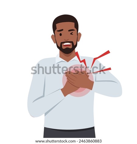 Man feel chest pain. Heart attack or symptoms of heart disease. Flat vector illustration isolated on white background